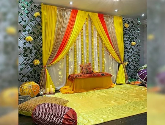 Traditional Brass Urli Setup — Haldi & Mehndi Ceremony Decor in Lucknow